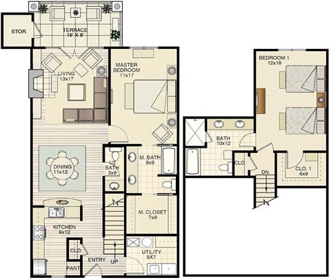 Floor plan for 2 beds, 2.5 baths, 1672 sqft